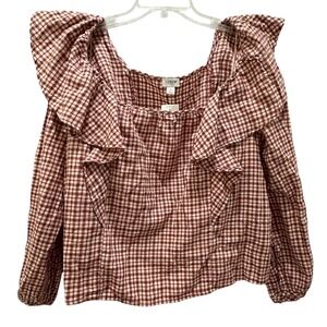 J‎ Crew Reimagined Gingham Ruffle Square Neck LS Blouse XL Brown Red NWT Prairie